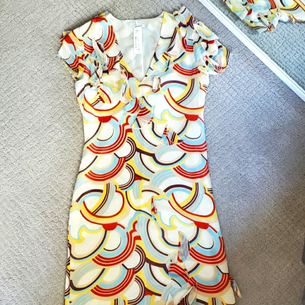Cacharel retro dress, 100% silk, cream with multi-clored pattern, XS